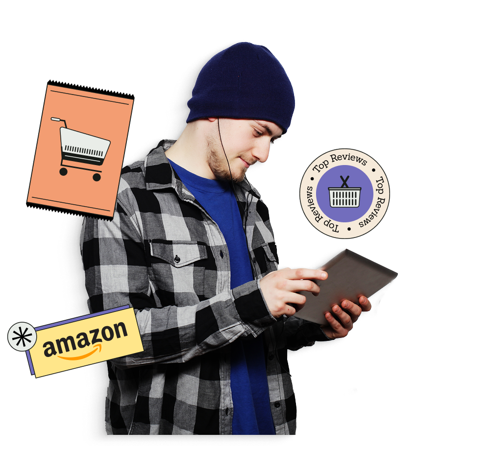 Hombre joven con gorro y camisa de cuadros usando una tablet, rodeado de iconos de compras online y logotipo de Amazon