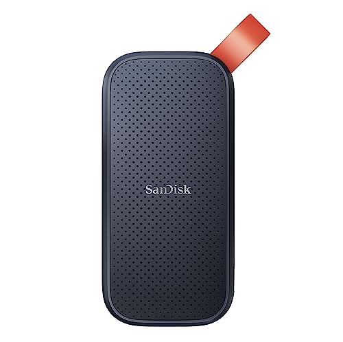 Vista frontal del disco SSD portátil SanDisk con diseño moderno y gancho de transporte