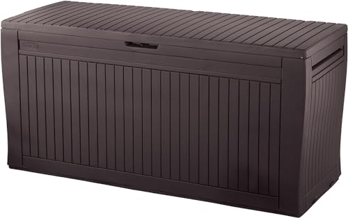 Arcón de almacenamiento marrón Keter Comfy, ideal para el jardín y terraza, con aspecto de madera y tapa abatible