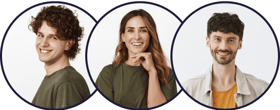 Retrato de tres personas jóvenes sonriendo, presentadas en círculos sobre fondo blanco.