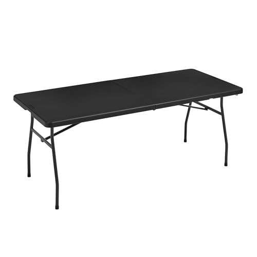 Mesa plegable de 183 cm de largo, color negro, vista frontal con patas desplegadas
