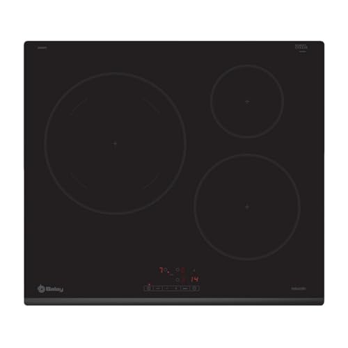 Placa de inducción Balay negra con tres zonas de cocción visibles y controles en la parte frontal