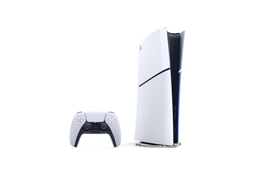 Consola Playstation 5 Digital Slim en posición vertical junto a su control inalámbrico
