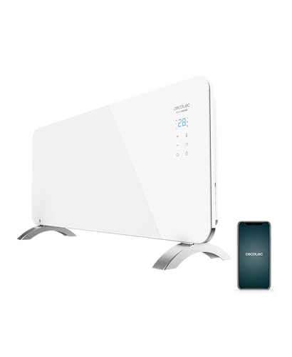 Radiador eléctrico Cecotec Ready Warm 6750 en color blanco con control remoto por smartphone mostrando temperatura en pantalla digital