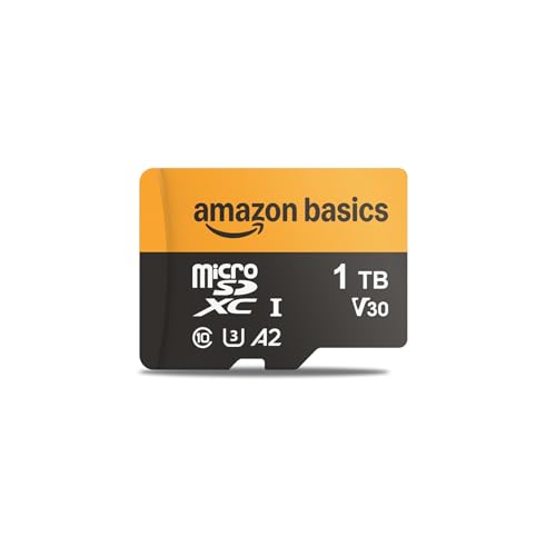 Tarjeta microSDXC de 1 TB Amazon Basics mostrando el logotipo y especificaciones de velocidad.