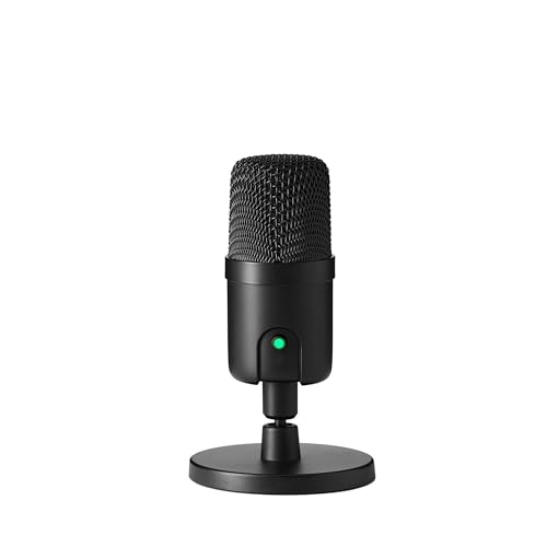 Micrófono condensador mini-USB con diseño compacto y base estable, ideal para grabaciones y streaming