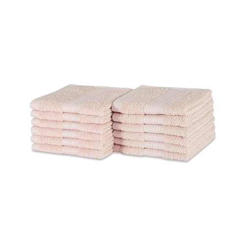 Juego de 12 toallas faciales de algodón orgánico apiladas, color rosa rubor, ideal para baño y cocina