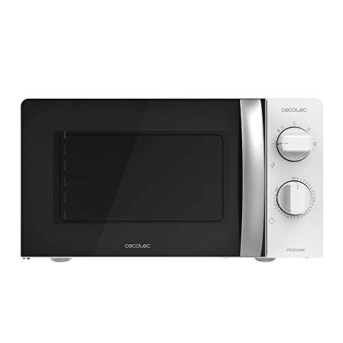 Microondas Cecotec ProClean vista frontal en color blanco y detalles en negro, con mandos giratorios para su uso