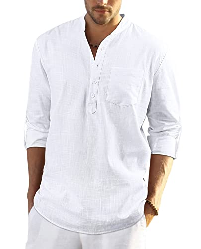 Camisa blanca de lino para hombre con cuello henley y manga larga, vista frontal