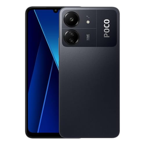 Xiaomi POCO C65 en color negro visto desde el frente con pantalla IPS LCD de 6.74 pulgadas