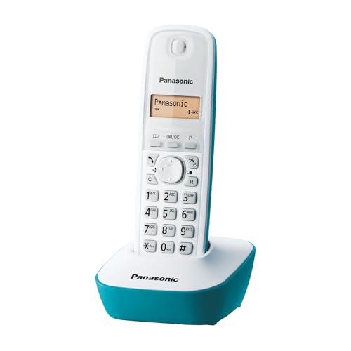 Teléfono fijo inalámbrico Panasonic en su base, mostrando su diseño moderno y teclado
