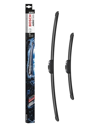 Paquete de dos limpiaparabrisas Bosch Aerotwin AR653S, con diseño aerodinámico, para un rendimiento óptimo en lluvia.