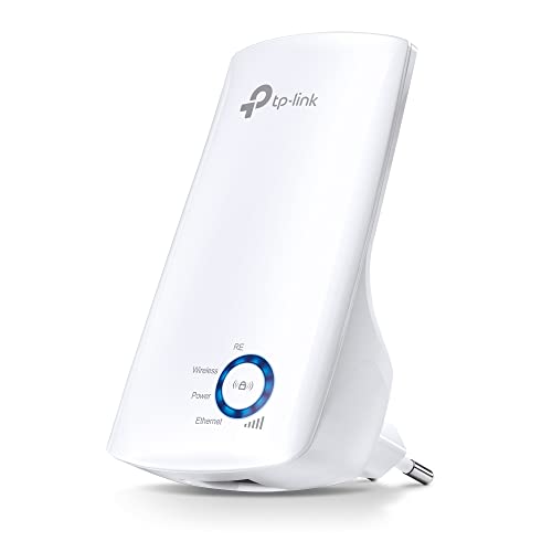 Vista frontal del repetidor TP-Link N300 TL-WA850RE mostrando su diseño elegante y el indicador LED