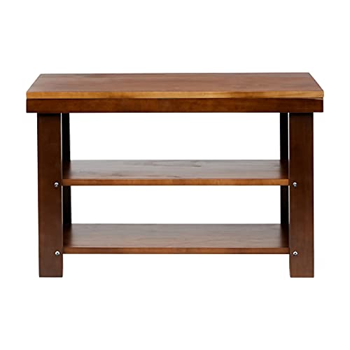 Banco zapatero de madera de pino macizo, vista frontal que muestra la superficie y estantes