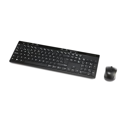 Combo de teclado y ratón inalámbricos en color negro, vista desde arriba mostrando su disposición
