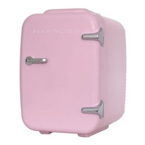 Mini nevera Flamingueo color rosa vista frontal con diseño retro y asa superior