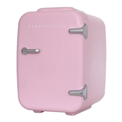 Mini nevera Flamingueo color rosa vista frontal con diseño retro y asa superior
