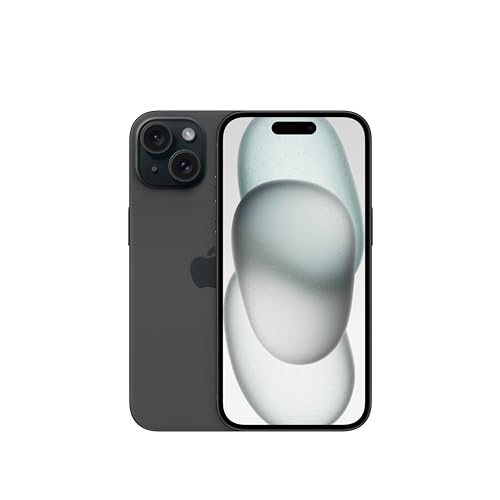 Apple iPhone 15 en color negro mostrando la pantalla y la parte trasera del dispositivo