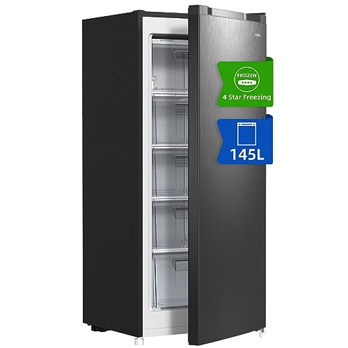 Congelador vertical independiente CHiQ de 145L con etiqueta de congelación de 4 estrellas y características destacadas en la parte frontal
