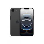 iPhone 16e en color negro, vista frontal y trasera mostrando su pantalla y diseño elegante