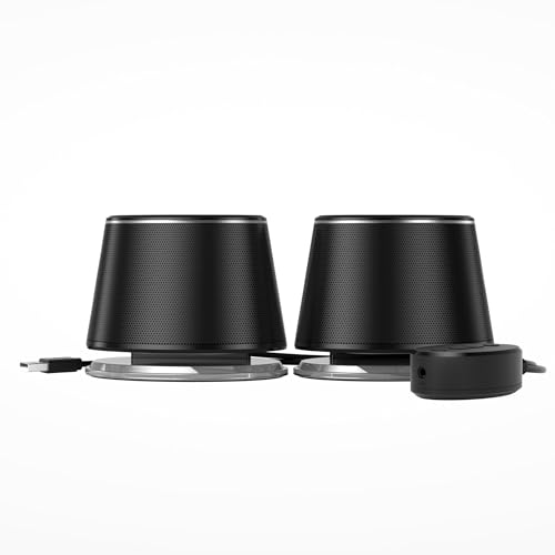 Altavoces Bluetooth y USB en color negro con diseño moderno, ideales para ordenador y TV, mostrando la conexión USB y AUX