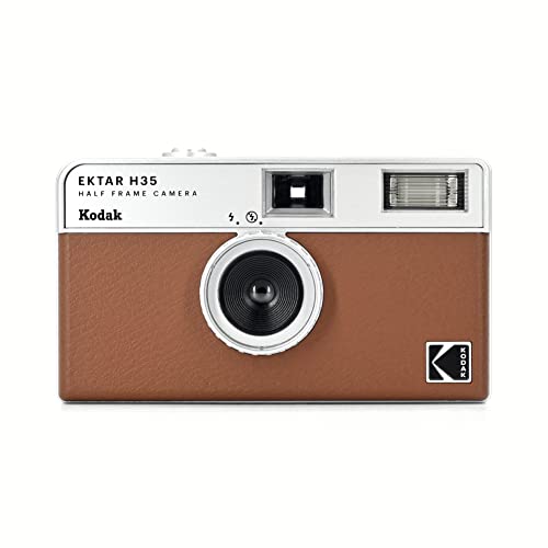 Cámara Kodak Ektar H35 vista frontal con acabado marrón y blanco