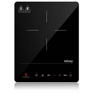Placa de inducción IsEasy modelo 2100W vista frontal con superficie negra y símbolos de advertencia