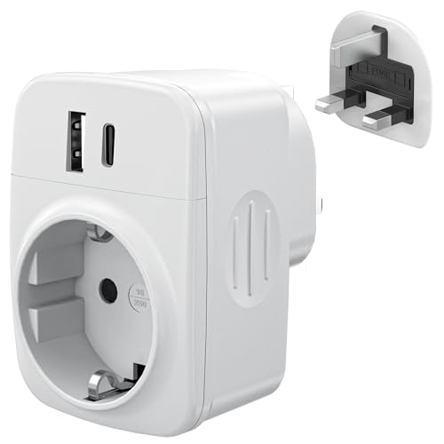 Vista frontal y trasera del adaptador de enchufe tipo G a español con puertos USB de carga