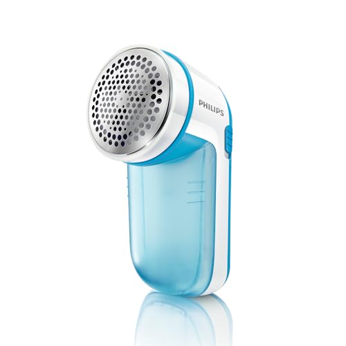 Quitapelusas Philips de color azul y blanco mostrando su diseño ergonómico y recipiente transparente