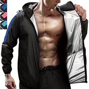 Traje sauna RDX con interior plateado que muestra al modelo con un torso desnudo, destacando la retención de calor durante el ejercicio.