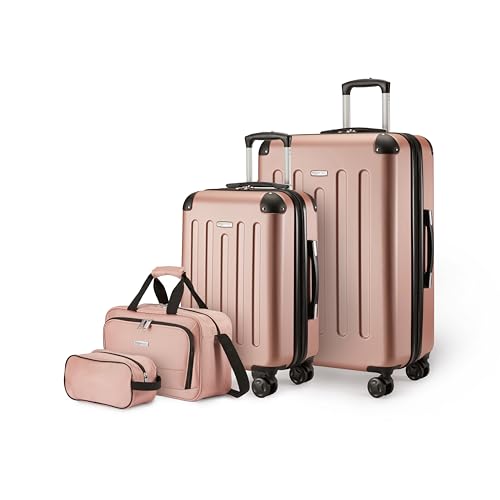 Juego de equipaje de mano de 4 piezas en acabado oro rosa, incluye maletas y bolsa de viaje.