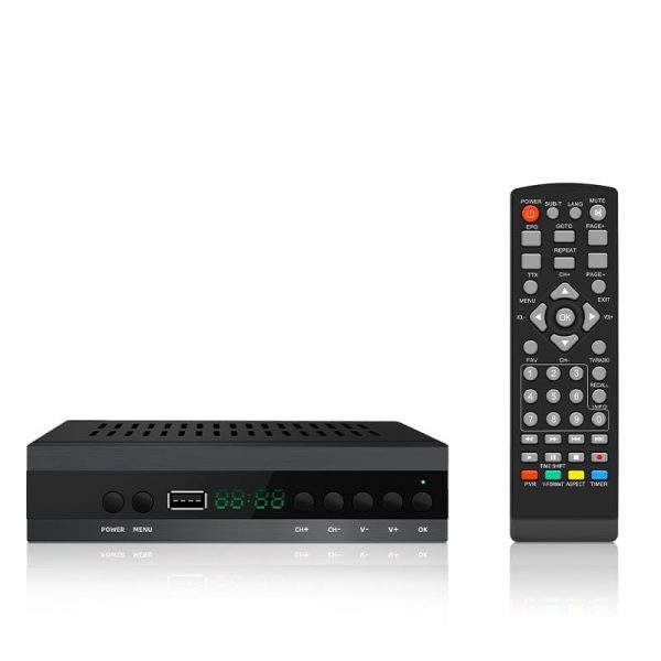 Decodificador DVB-T2 H265 HEVC y control remoto de RAYPOW sobre fondo blanco