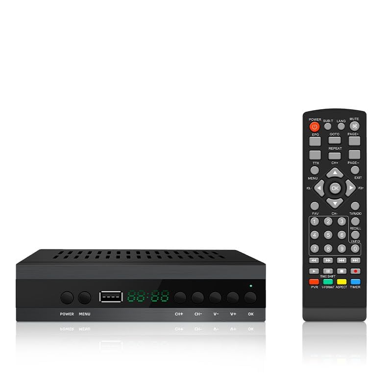 Decodificador DVB-T2 H265 HEVC y control remoto de RAYPOW sobre fondo blanco