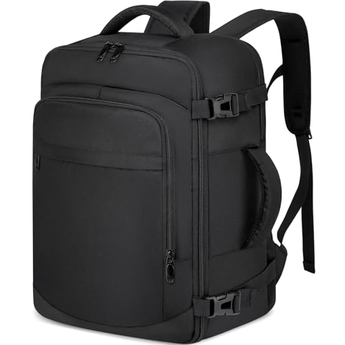 Mochila de cabina negra para Ryanair con diseño minimalista y compartimentos múltiples