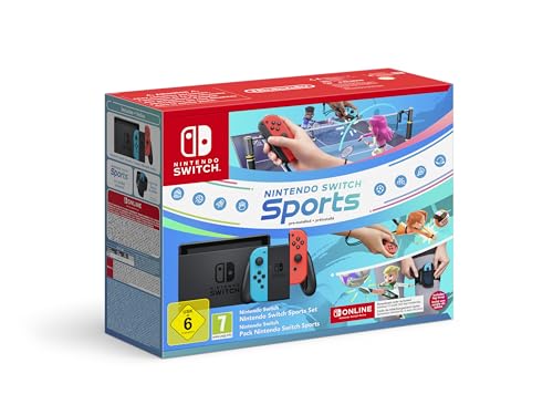 Caja del paquete de Nintendo Switch Sports con consola en color negro y controles neón azul y rojo