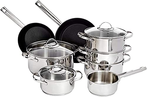 Juego de 11 piezas de utensilios de cocina de acero inoxidable, incluye sartenes y cazuelas con tapaderas, perfectos para inducción