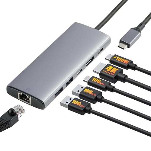 Concentrador USB-C 6 en 1 gris claro con puertos USB y HDMI, ideal para ampliar conexiones