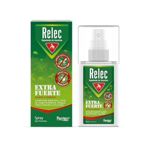 Frontal del spray Relec Extra Fuerte, repelente de mosquitos, mostrando el diseño de la etiqueta y el envase.