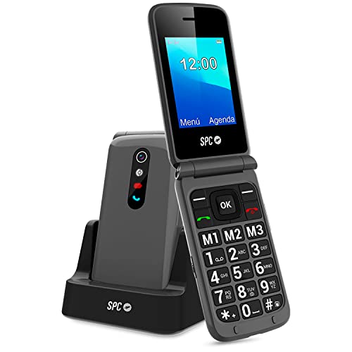 Teléfono móvil SPC Stella 2 en color negro, con pantalla abierta y base de carga.