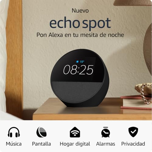 Nuevo Echo Spot en color negro mostrando la hora 08:25, ideal para tu mesita de noche con funcionalidades de Alexa