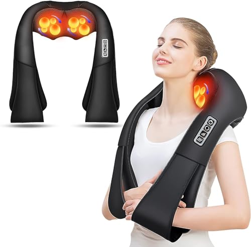 Masajeador de cuello AERLANG en uso con luces de calentamiento, mostrando a una mujer relajándose con el dispositivo