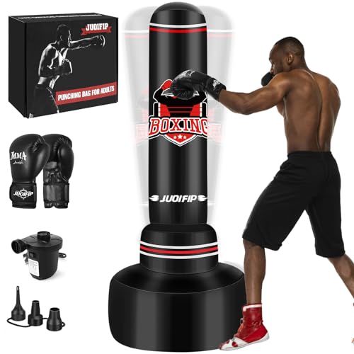 Saco de boxeo independiente con un boxeador masculino entrenando, mostrando la caja del producto junto a guantes de boxeo y bomba eléctrica.