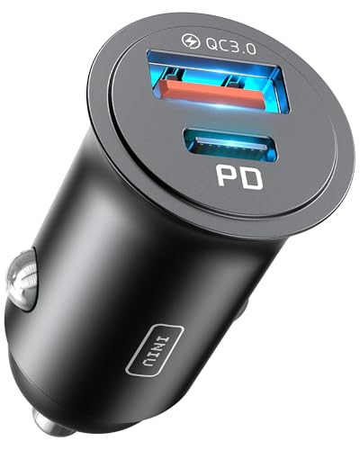 Cargador de coche INIU mostrando puertos QC3.0 y PD, ideal para carga rápida.