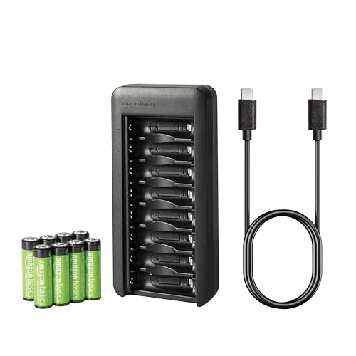 Cargador de batería de 8 bahías de Amazon Basics con 8 baterías AA recargables de 2000 mAh y cable USB-C