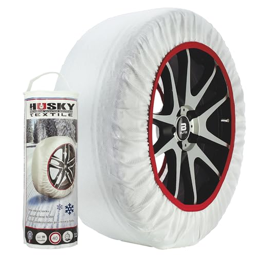 Cadena de nieve textil Husky montada sobre rueda de automóvil con llanta deportiva