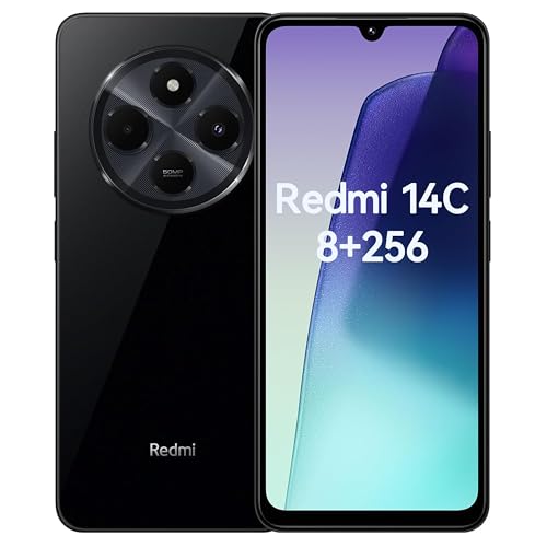 Xiaomi Redmi 14C smartphone negro con 8GB de RAM y 256GB de almacenamiento en la pantalla