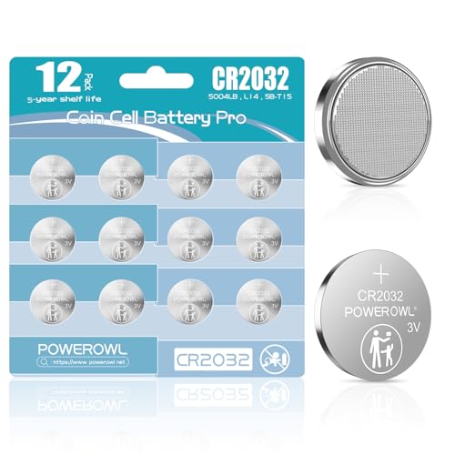Paquete de 12 pilas de botón CR2032 POWEROWL en su empaque original, mostrando las celdas y el diseño en blíster