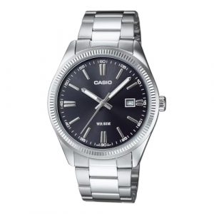 Reloj Casio MTP-1302PD-1A1VEF de acero inoxidable con diseño moderno y esfera negra, resistente al agua hasta 50 metros
