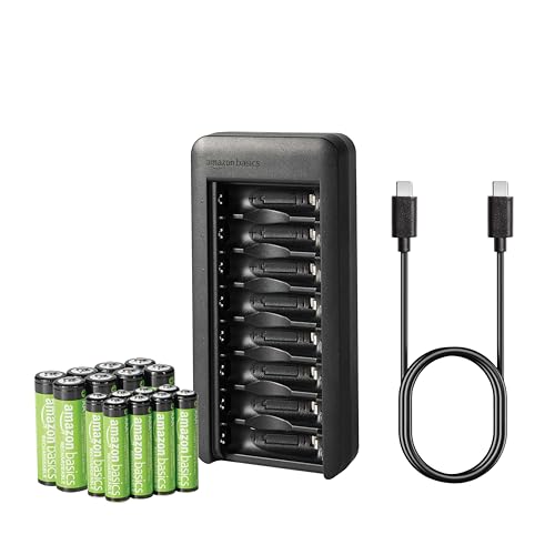 Cargador de baterías Amazon Basics con 8 pilas AA y AAA recargables, cable USB-C incluido.