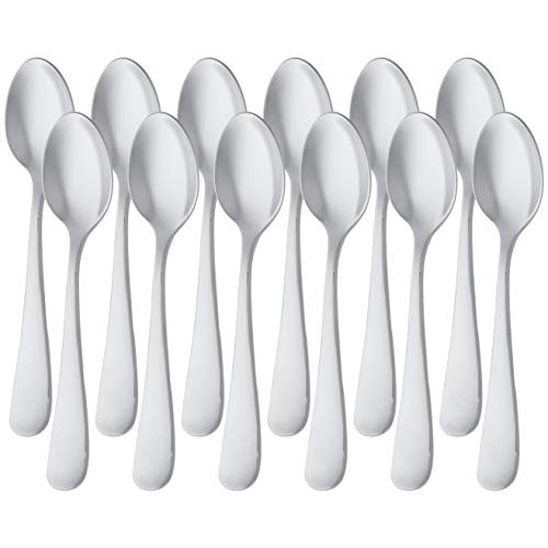 Juego de 12 cucharillas de café de acero inoxidable en disposición organizada, ideal para el hogar y la oficina
